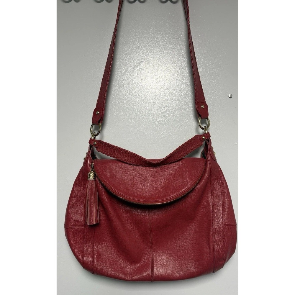 ONNA EHRLICH RACHEL Red Pebbled Leather Large Hobo Bag Purse Tassle Designer Zip